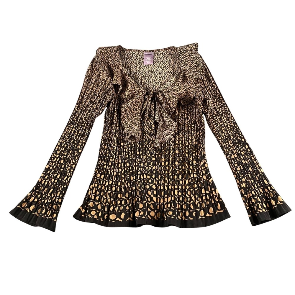 Laura Scott Petite Tan Black Animal Print‎ Pleated Ruffle Tie Front Blouse MP